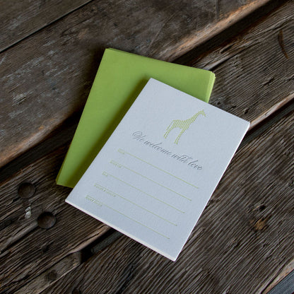 Letterpress Giraffe Fill in Baby Announcements, Set of 10. Eco friendly.