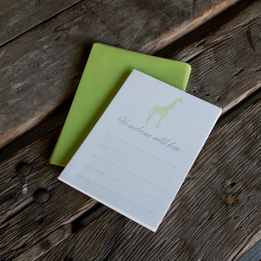 Letterpress Giraffe Fill in Baby Announcements, Set of 10. Eco friendly.