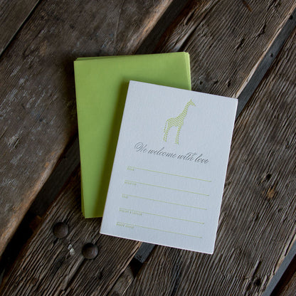 Letterpress Giraffe Fill in Baby Announcements, Set of 10. Eco friendly.