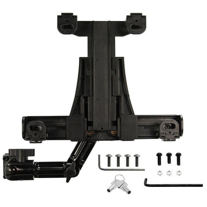 The LockVise™ Locking Car Headrest Tablet Mount with Multi-Angle 8 Arm in black includes screws, hex keys, washers, and two keys—all arranged neatly on a white background; perfect for rear seat entertainment in your car.