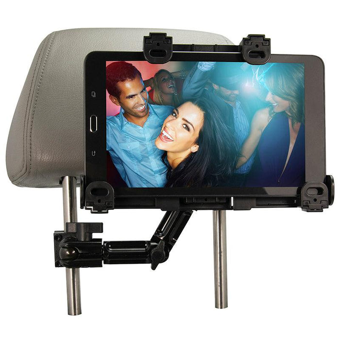 The LockVise™ Locking Car Headrest Tablet Mount with Multi-Angle 8 Arm is mounted on a grey headrest, displaying a group of people smiling and dancing at a party, with its sturdy metal locking posts visible.