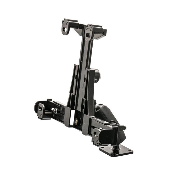 The LockVise™ Locking Drill Base Tablet Mount with Key Lock for E-Log is a secure black adjustable bracket with a base and two vertical arms, designed for mounting tablets or screens on flat surfaces.