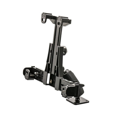 The LockVise™ Locking Drill Base Tablet Mount with Key Lock for E-Log is a secure black adjustable bracket with a base and two vertical arms, designed for mounting tablets or screens on flat surfaces.