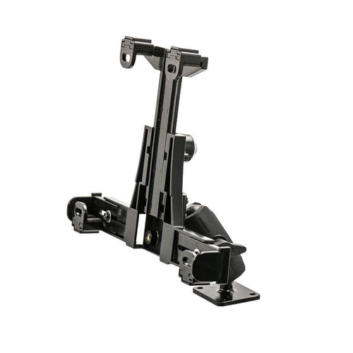 The LockVise™ Locking Drill Base Tablet Mount with Key Lock for E-Log is a secure black adjustable bracket with a base and two vertical arms, designed for mounting tablets or screens on flat surfaces.