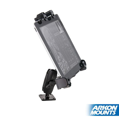 A black LockVise™ Locking Drill Base Tablet Mount with Key Lock for E-Log holds a tablet at an angle, featuring the Arkon Mounts logo in the bottom right corner on a white background.
