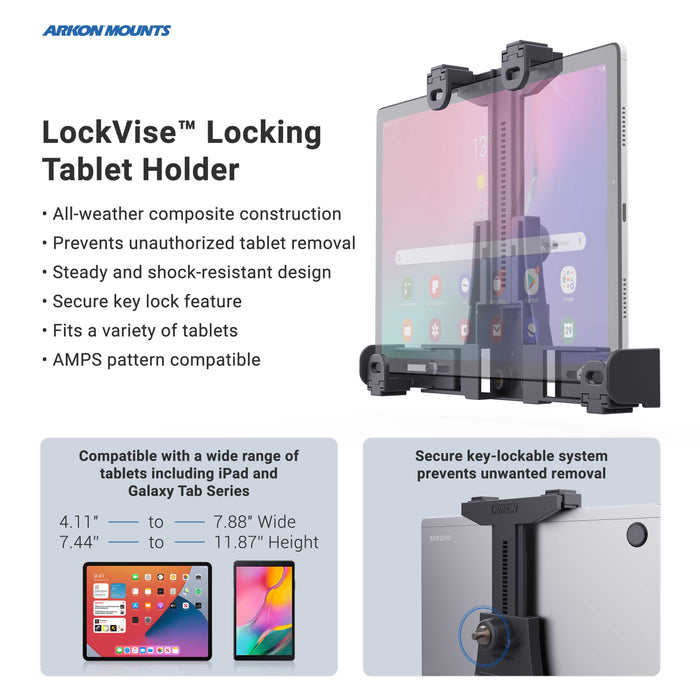 Promotional graphic for the LockVise™ Locking Drill Base Tablet Mount with Key Lock for E-Log, showcasing its secure locking design, key-lock system, all-weather build, and versatile compatibility—ideal as an ELD tablet holder.