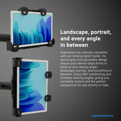 Two tablets are mounted in adjustable LockVise™ Locking Drill Base Tablet Mounts with key lock—one vertically, one horizontally—showcasing 360° positioning and secure versatility for any task. Ideal for E-Log and more.