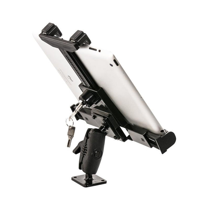 The LockVise™ Locking Drill Base Tablet Mount with Key Lock for E-Log securely holds a white tablet. Its adjustable black base features a key lock, shown here on a plain white background.