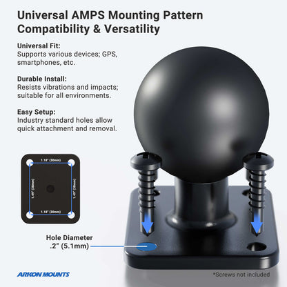 A diagram of the Metal 4-Hole AMPS to 38mm (1.5 inch) Ball Adapter displays a ball joint, four screw holes with labeled dimensions, screws, and text highlighting compatibility with Arkon Robust Series Mount and RAM Mount.