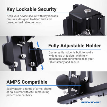 An infographic highlights the LockVise™ Metal Locking Forklift Overhead Guard Tablet Mount with 6 Shaft, featuring key lock security, a fully adjustable tablet holder, and AMPS compatibility; close-ups show each feature in detail.