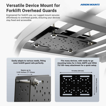 The LockVise™ Metal Locking Forklift Overhead Guard Tablet Mount with 6 Shaft attaches to a forklift guard, features adjustable slots and multiple mounting holes, and is a versatile warehouse tablet holder for various devices. Arkon Mounts branding is displayed.