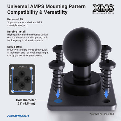 The 7.25 inch Metal Robust Forklift Front Guard VESA Mount features a square metal mounting plate with a central ball joint, AMPS 1.181 x 1.496 hole pattern, and includes four screws—designed for durable and easy warehouse vehicle installation.
