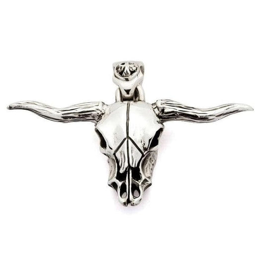 A direct front view of the sterling silver longhorn skull pendant, showing the intricate and realistic details.