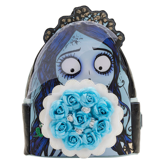 Backpack with character design and blue flowers on a white background