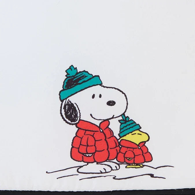 Cartoon dog in a red outfit and blue hat holding a colorful gift on a white background