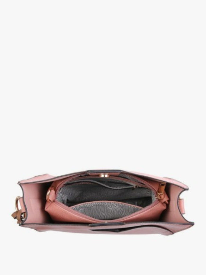 An open pink leather shoulder bag shown from a top-down view, displaying its interior compartments, gray lining, and gold-tone hardware against a plain white background.