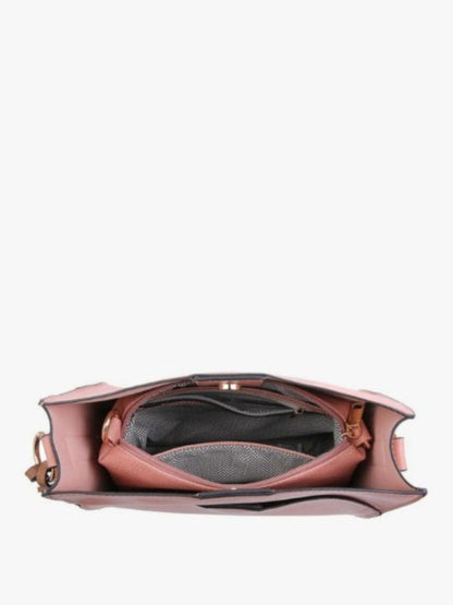 An open pink leather shoulder bag shown from a top-down view, displaying its interior compartments, gray lining, and gold-tone hardware against a plain white background.