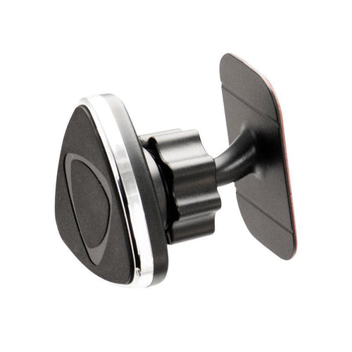 The Magnetic Phone Adhesive Mount Holder for iPhone, Galaxy, and Note features a black triangular head with silver trim, an adjustable swivel joint, and a strong VHB adhesive base for secure dashboard attachment in any vehicle.