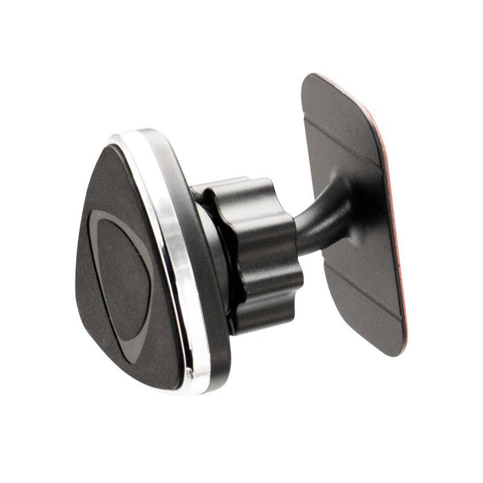 The Magnetic Phone Adhesive Mount Holder for iPhone, Galaxy, and Note is a black car mount with a triangular front, adjustable swivel joint, and rectangular VHB adhesive base to securely hold smartphones on any surface.
