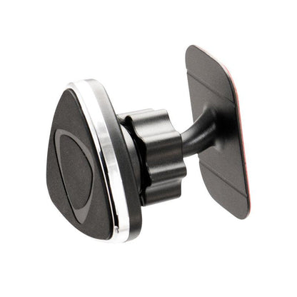 The Magnetic Phone Adhesive Mount Holder for iPhone, Galaxy, and Note is a black car mount with a triangular front, adjustable swivel joint, and rectangular VHB adhesive base to securely hold smartphones on any surface.