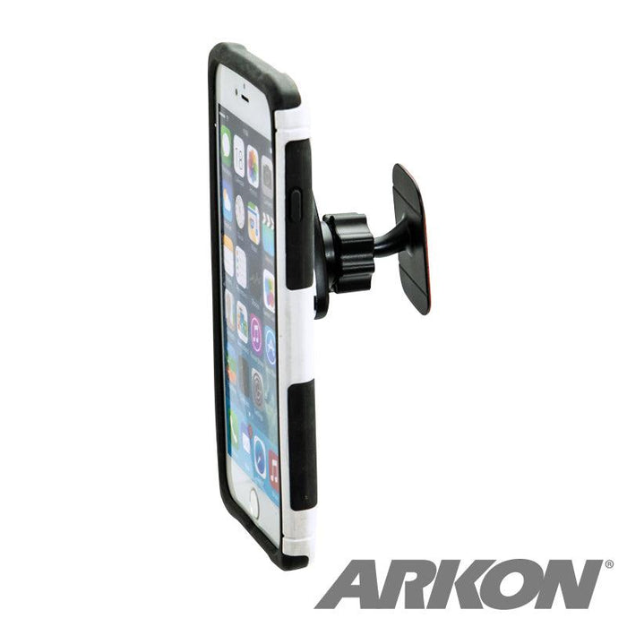 A smartphone in a protective case is mounted vertically on the Magnetic Phone Adhesive Mount Holder for iPhone, Galaxy, and Note. The Arkon logo appears in the bottom right corner.