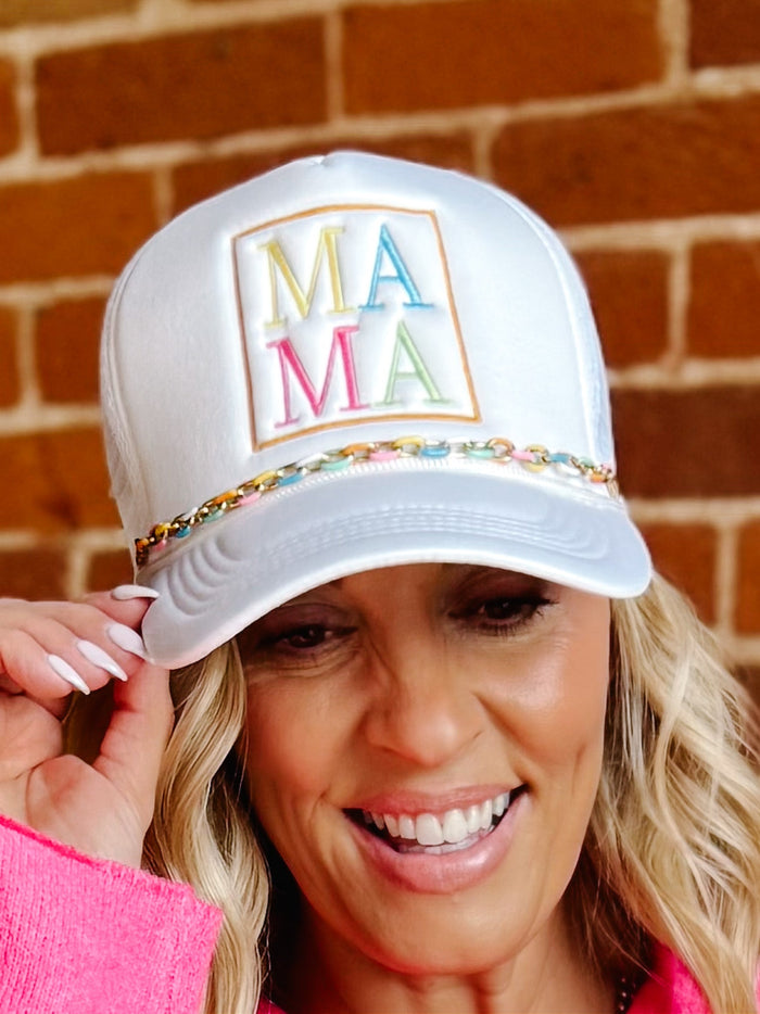 Mama Squared Embroidered Trucker Hat, White