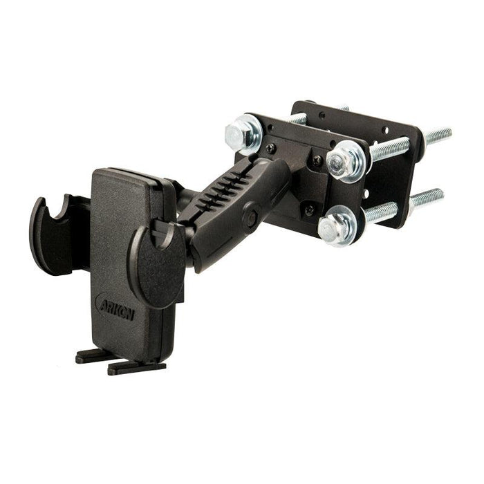 The Mega Grip™ Forklift Front Guard Mount features a black adjustable clamp and bolts, providing a secure hold for smartphones or GPS units—perfect as a rugged phone mount for tough warehouse environments.