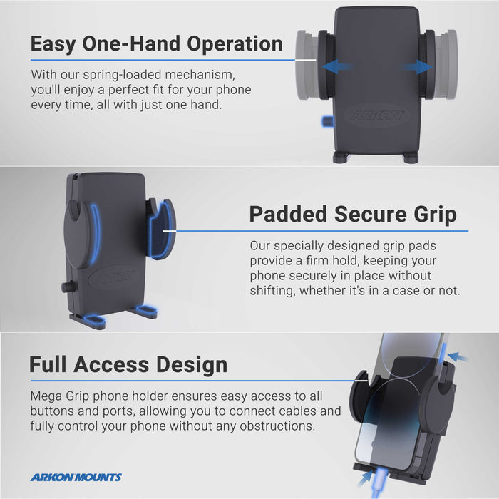 Phone Cup Holder Mount with Mega Grip™ Holder - 25mm features a spring-loaded grip for one-handed operation, padded sides for a secure and protective hold, and an open-bottom design that enables easy cable access—making it an ideal universal mount for car use. Three visual angles showcase each feature with blue arrows and descriptive text, demonstrating how this cup holder phone mount fits perfectly in your vehicle. The Arkon Mounts logo is displayed at the bottom left.