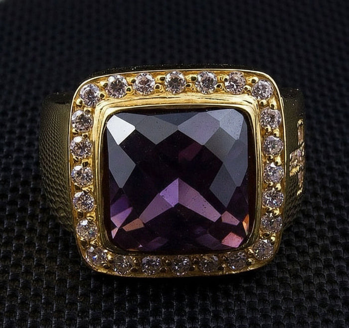 The square-cut amethyst bishop ring, emphasizing the deep purple gemstone and crystal halo.