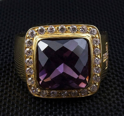 The square-cut amethyst bishop ring, emphasizing the deep purple gemstone and crystal halo.
