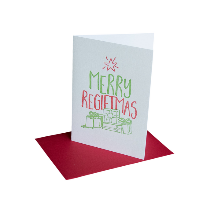 Merry Regiftmas holiday card, letterpress printed, eco friendly