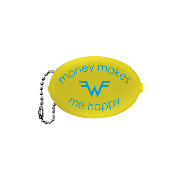 Bright yellow lemon-shaped coin purse with silver chain and teal money makes me happy text for weezer merchandise