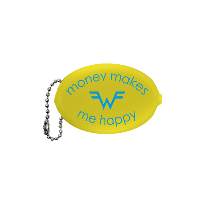 Bright yellow lemon-shaped coin purse with silver chain and teal money makes me happy text for weezer merchandise