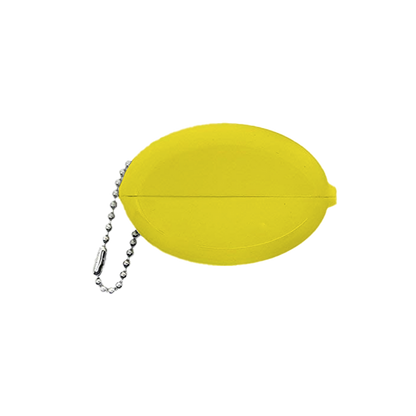 Bright yellow oval silicone coin purse with silver chain attachment from money makes me happy Weezer merchandise