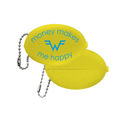 Bright yellow oval coin purse with a silver chain and blue money makes me happy text featuring the weezer logo