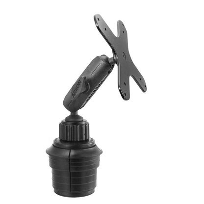 The Heavy-Duty Car Cup Holder VESA Mount features a black adjustable design with a pivoting arm and cross-shaped plate, perfect for securely mounting your phone or tablet for stable, hands-free use on the go.