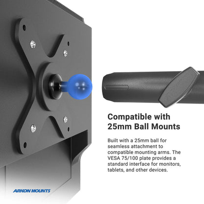 Close-up of the VESA 75 / VESA 100 to 25mm Ball Mount Bracket Adapter with blue ball attachment. Text reads, Compatible with 25mm Ball Mounts, emphasizing standard monitor and device compatibility.