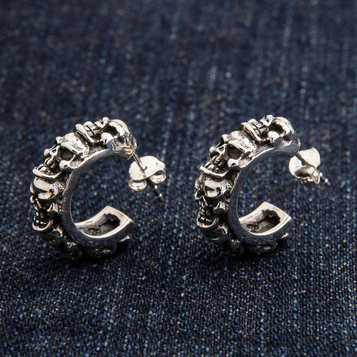 Gothic biker multi-skull silver earrings