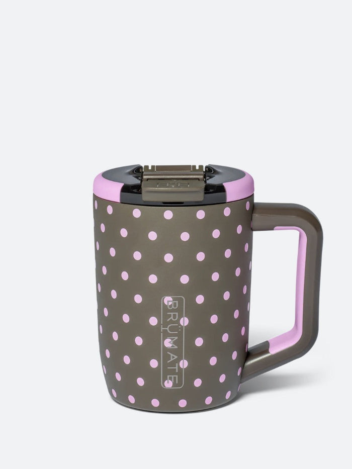 A gray insulated travel mug with pink polka dots, a pink handle, and a matching pink lid, shown on a light gray background.