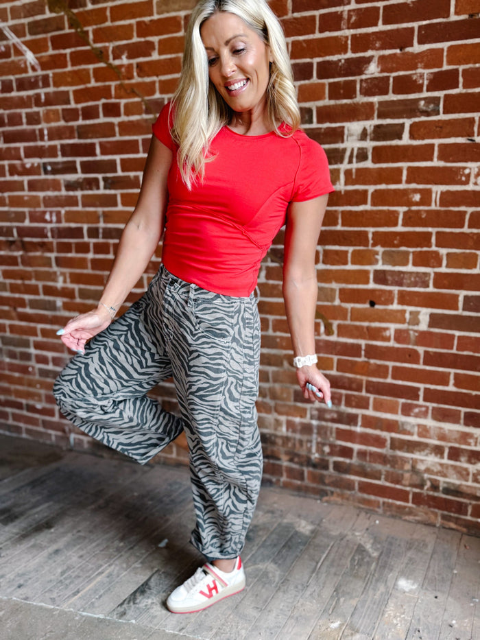 Neutral Edge Zebra Print Barrel Jeans, Mocha