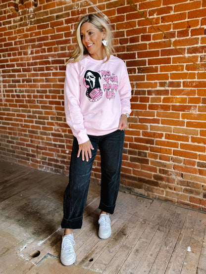 No You Hang Up Graphic Sweatshirt, Light Pink