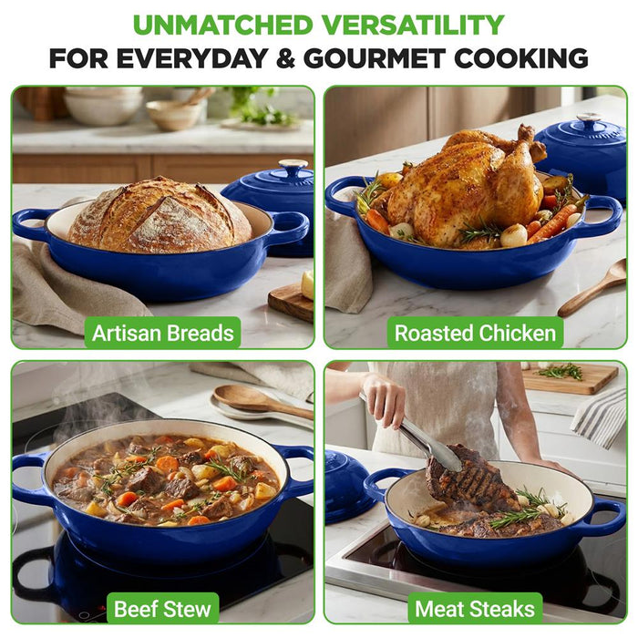 Nutrichef 10.2” Enamel-Coated Cast Iron Dome-Shaped Bread Pan With Lid, Silicone Gloves Perfect For Baking, Braising, Roasting And Stewing (Blue)