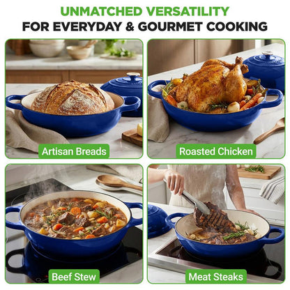 Nutrichef 10.2” Enamel-Coated Cast Iron Dome-Shaped Bread Pan With Lid, Silicone Gloves Perfect For Baking, Braising, Roasting And Stewing (Blue)