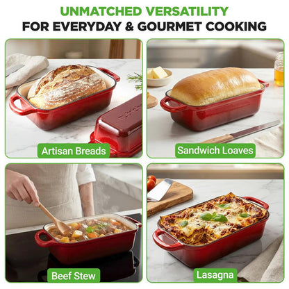 Nutrichef 9” X 5” Enamel-Coated Cast Iron Bread Loaf Pan With Lid, Handles And Silicone Gloves Perfect For Baking Bread And Sourdough Making (Red)