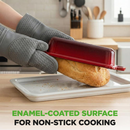 Nutrichef 9” X 5” Enamel-Coated Cast Iron Bread Loaf Pan With Lid, Handles And Silicone Gloves Perfect For Baking Bread And Sourdough Making (Red)