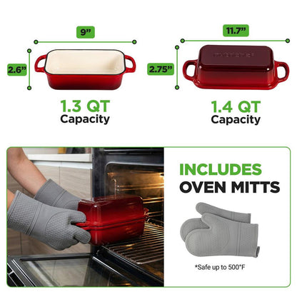 Nutrichef 9” X 5” Enamel-Coated Cast Iron Bread Loaf Pan With Lid, Handles And Silicone Gloves Perfect For Baking Bread And Sourdough Making (Red)
