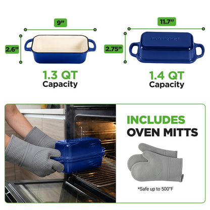 Nutrichef 9” X 5” Enamel-Coated Cast Iron Loaf Pan With Lid And Silicone Gloves Perfect For Baking, Stewing And Roasting (Blue)