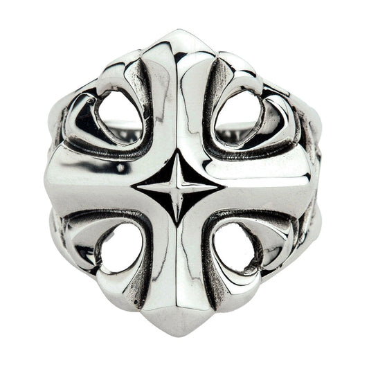 A front view of the sterling silver star cross ring, showing the polished cross and central star engraving.