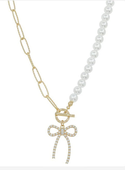Pearl and Bow Necklace, Gold