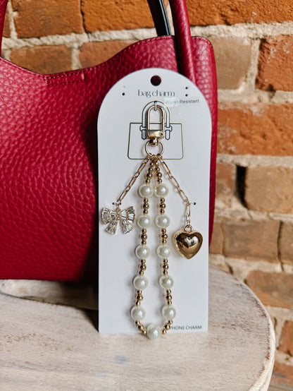 Pearl & Heart Charm Bag or Phone Chain